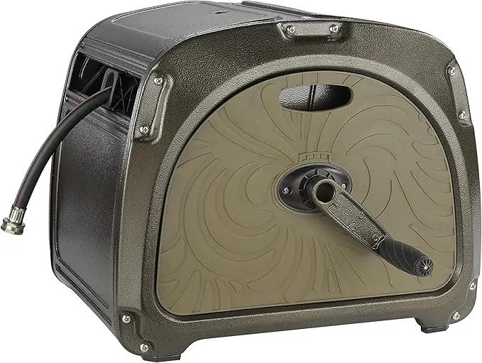Giraffe Tools SW5-100ft Metal Hose Reel Box, 100 ft Rubber Hose Garden Hose Storage Heavy Duty Reel Hideaway, Crank Handle, 100ft 5/8" Hose, Green by GreenHaven Gardens