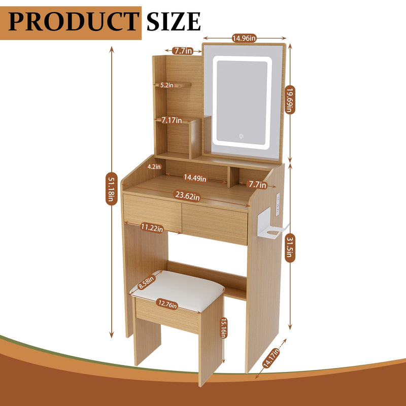 Vanity Table With LED Mirror, Power Outlet, Hairdryer Holder & Padded Stool, Compact Dressing Desk For Small Bedrooms - Wood by Unique Piece Furniture