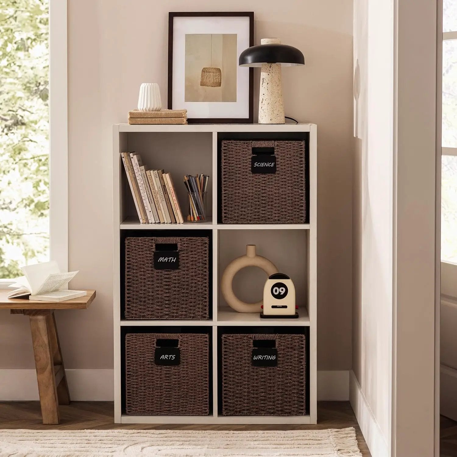 UBBCARE 4 Pack Wicker Basket, 13×13 Storage Cubes with Label, Foldable Cube Storage Bin with Handle, Square Storage Basket for Shelves, Woven Paper Rope Basket for Organizing, Brown by GreenHaven Gardens