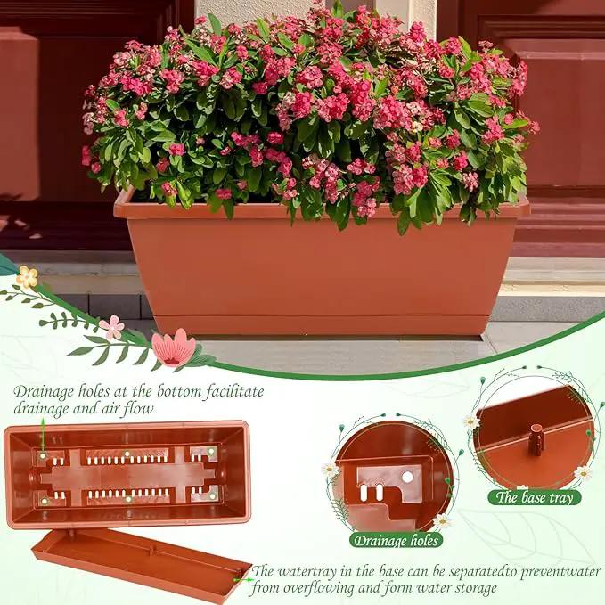 12Pcs 17Inches Rectangle Planter Box with Drainage Holes and Trays Plastic Planters Flower Boxes Pots for Indoor Outdoor Plants Patio Garden Home Decor Porch Yard (Red) by GreenHaven Gardens
