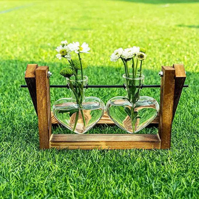Kingbuy Glass Desktop Planter with Retro Wooden Stand and Plant Terrarium Vase (2 Hearts) for Indoor Home Office Desk Decor Accessories by GreenHaven Gardens