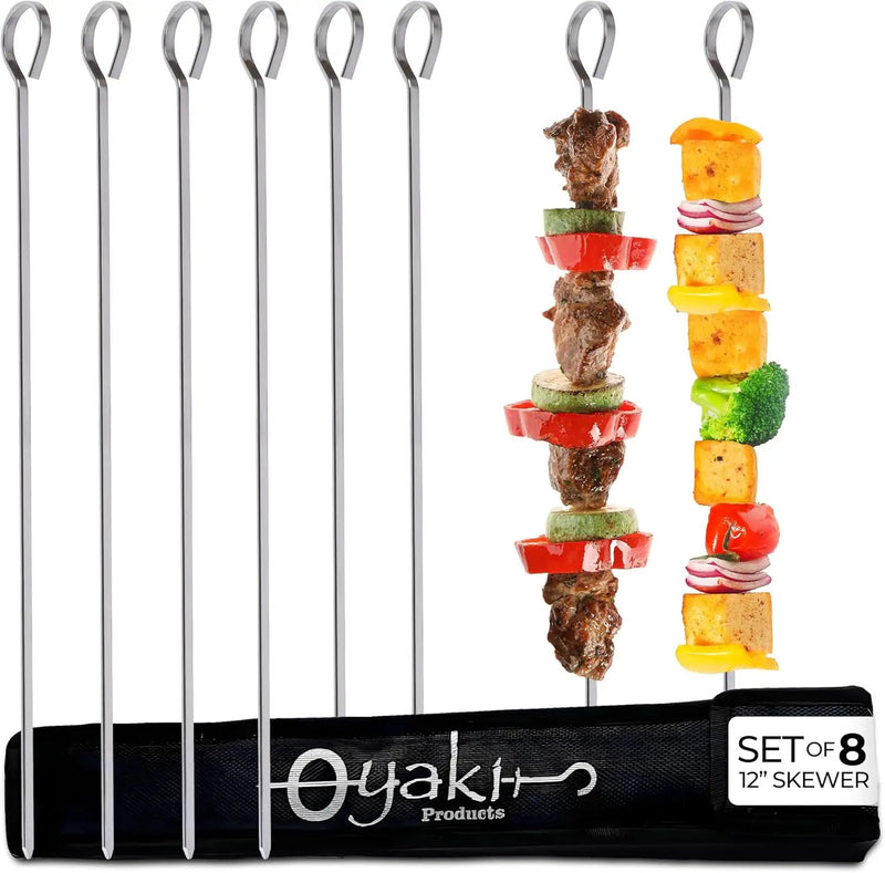 O-Yaki Flat Metal Kabob Skewer for Grilling – Set of 8 BBQ Skewers Stainless Steel with Storage Bag, Dishwasher Safe Skewers with Hook Handle & Sharp Tip for BBQ, Cookouts & Oven Use – 12 Inch by GreenHaven Gardens