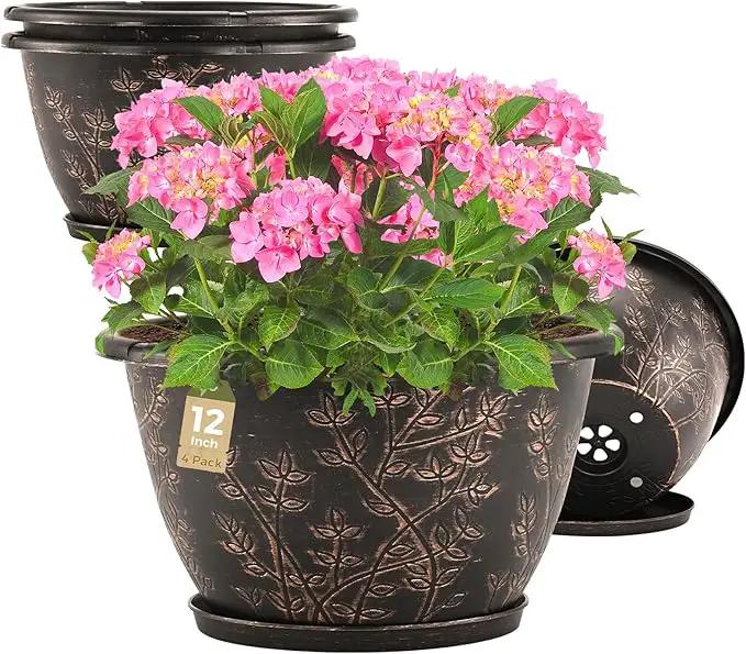 12-inch-Flower-Pots-Outdoor-Indoor, 4 Pack Plastic Planter Pots for Plant with Drainage Hole Saucer, Decorative Resin Garden Container with Tray by GreenHaven Gardens