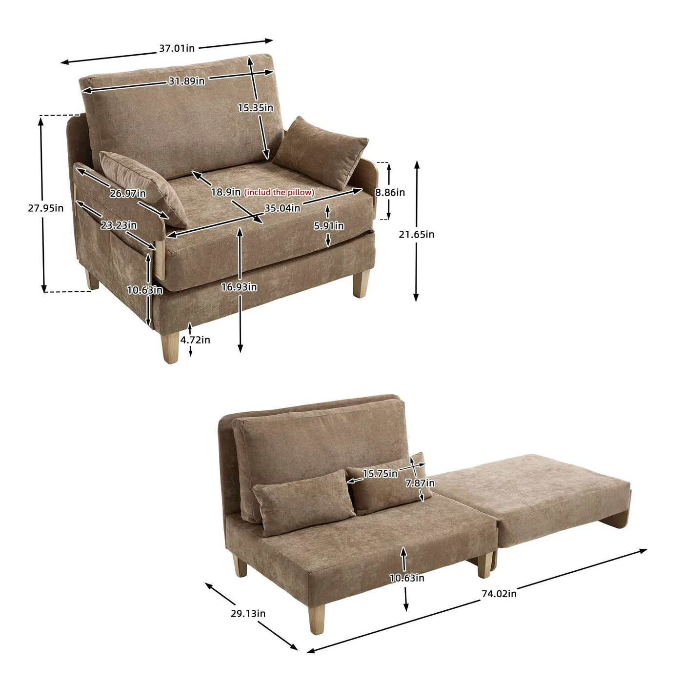 Mid Century Modern Foldable Sofa Bed, 3 In 1 Convertible Sleeper With 3 Pillows by Unique Piece Furniture