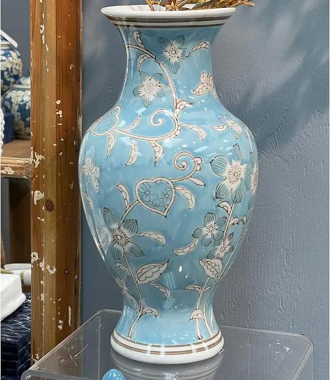 Galt International Light Blue and White Flower & Heart Chinoiserie Ceramic Vase 14"- Hand Painted Antique Style Porcelain Flower Bottle Fishtail Porcelain Chinese Vase for Home Decor Centerpiece by GreenHaven Gardens