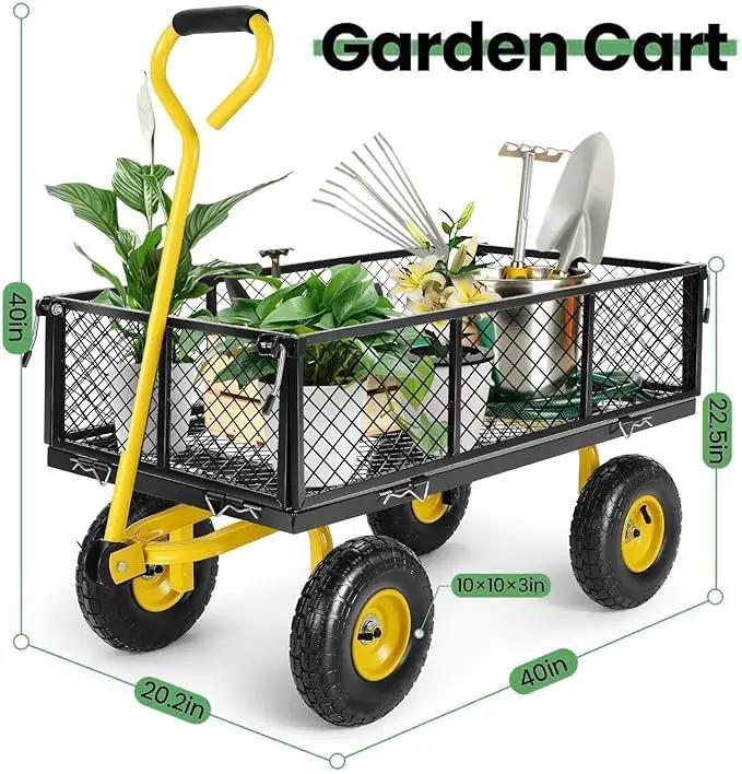 Homdox MAX 880 Lbs Garden Cart, Heavy Duty Foldable Mesh Steel Garden Wagon with 180° Rotating Handle and 10 Inch Tires, Pullable Yard Cart for Yard Garden Beach Farm, Yellow with Bag by GreenHaven Gardens