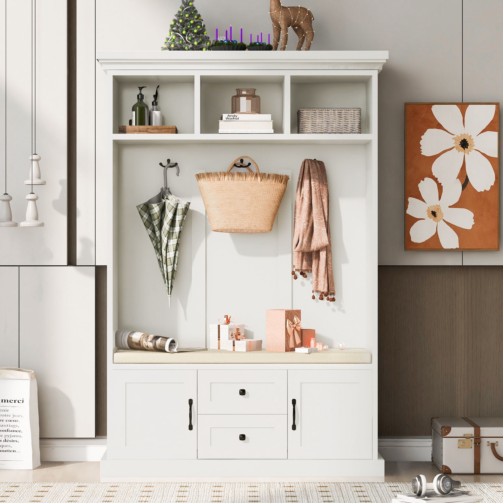 Hall Tree With 3 Hooks, Coat Hanger, Entryway Bench, Storage Bench, 3 In 1 Design by HouseOfZazla