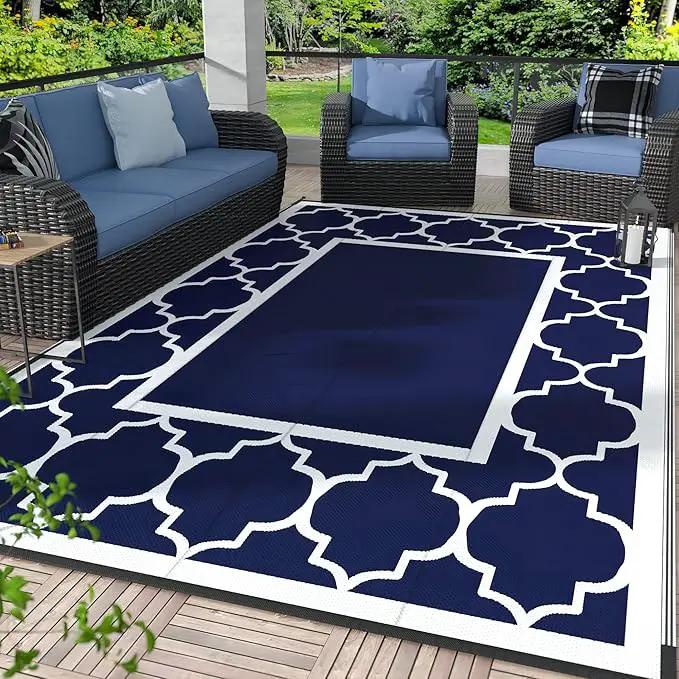 GENIMO Outdoor Rug 8' x 10' Patio Waterproof, Foldable Reversible Plastic Straw Area Rugs Mat for Camper Decor, Outside Carpet for Rv, Deck, Porch, Picnic, Beach, Balcony, Blue & White by GreenHaven Gardens