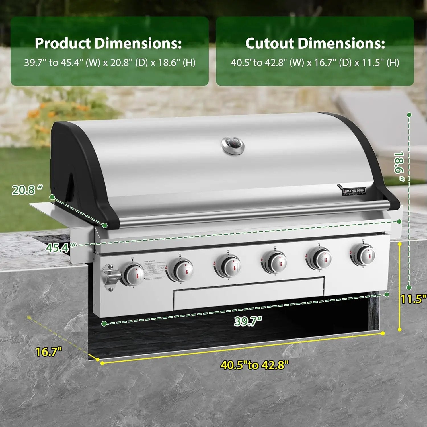 Brand-Man Propane Gas Grill, 40-Inch 6-Burner Built-In Head BBQ Island Outdoor Kitchen, Natural Gas Convertible, Heavy Duty 304 Stainless Steel, 60,000BTUs by GreenHaven Gardens
