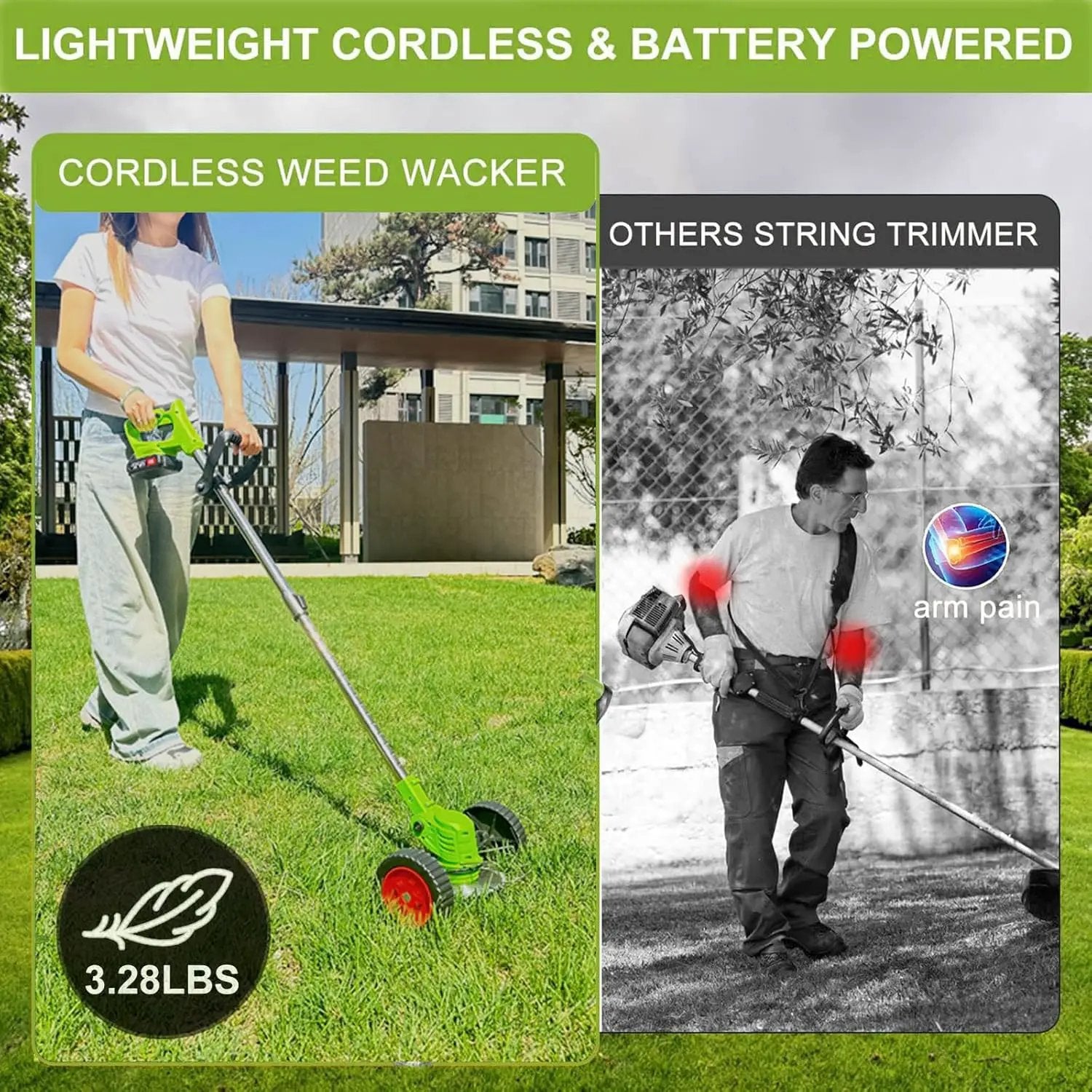 Electric Weed Wacker Eater Battery Powered, Cordless 21V Weed Trimmer with 2 Battery Operated & Charger & Wheels & Shears, 3 in 1 Lightweight Grass Trimmer/Edger/Brush Cutter for Garden Yard Lawn by GreenHaven Gardens
