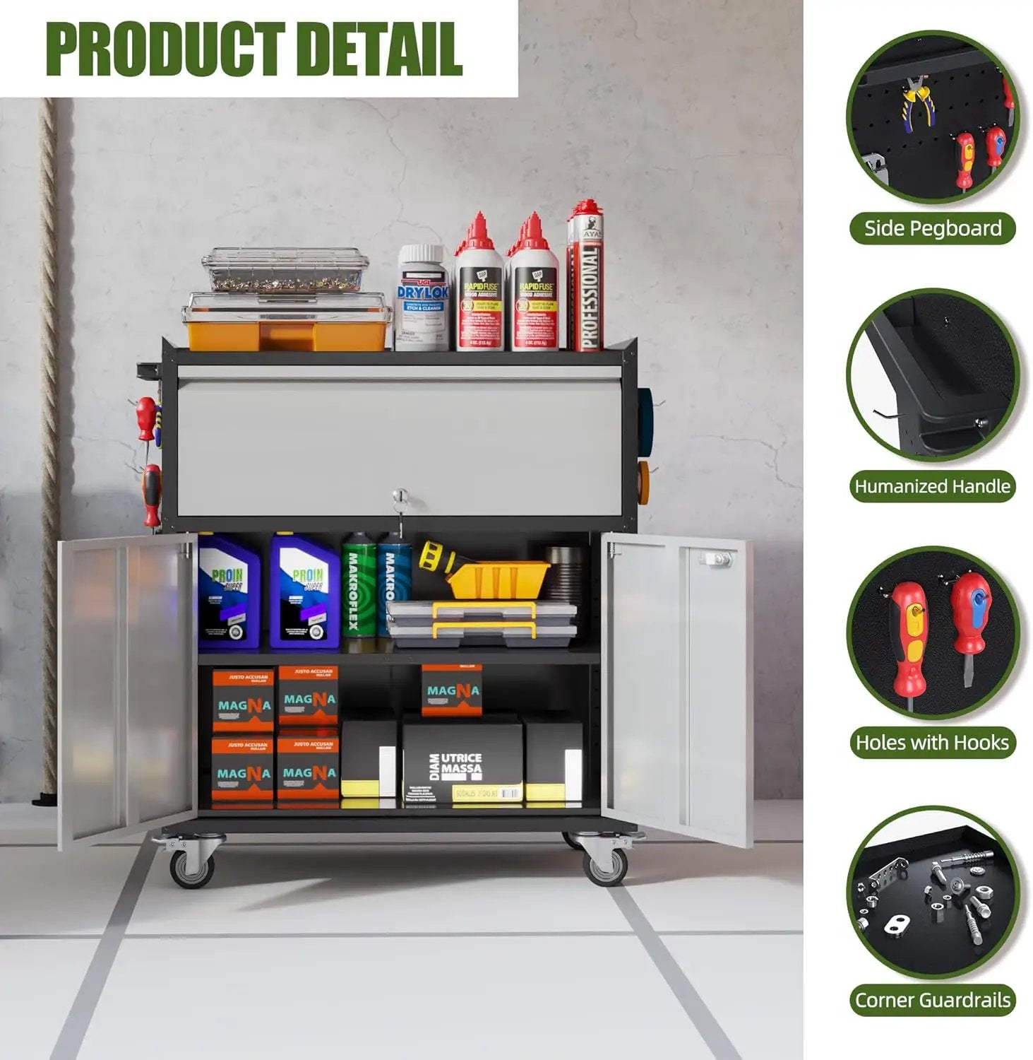 Metal Storage Cabinet on Wheels with 1 Drawer, Rolling Steel Garage Tools Cabinet with Side Pegboard &4 Hooks & 1 Adjustable Shelf for Garage,Shop,Home,Gray/Black, Assembly Required