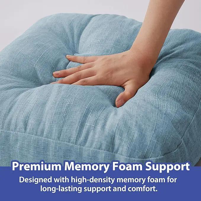 Chair Cushions for Dining Chairs, Dining Chair Cushions, Tufted Indoor Chair Pads with Ties & Non Slip Backing, Seat Cushions for Kitchen Chairs 16.5” x 16.5” x 3.5”, Set of 6, Light Blue by GreenHaven Gardens
