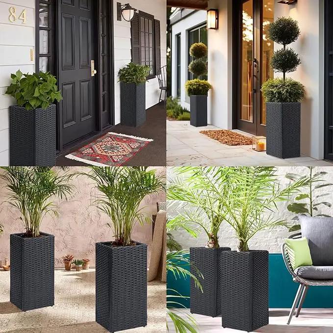 LEWIS&WAYNE Set of 2 Tall Planters for Outdoor Plants Handmade 24'' Wicker Tall Square Planter Box with Removable Liners Modern Planter for Indoor Outdoor Garden Patio Front Porch - Black by GreenHaven Gardens