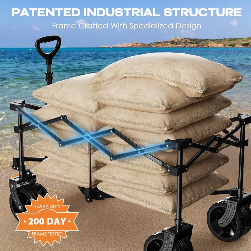 Collapsible Wagon Cart Heavy Duty Foldable, Folding Beach Wagon with Big Wheels for Sand, Utility Grocery Cart with Side Pocket and Brakes for Camping Sports Outdoor Activities, Black by GreenHaven Gardens