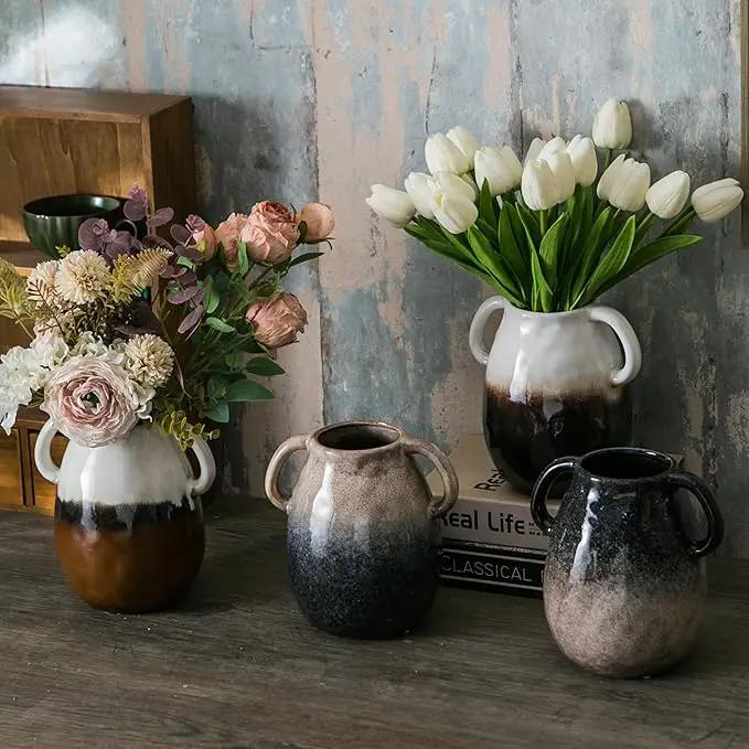 Blue Gradient Ceramic Vase with 2 Handles, Modern Farmhouse Decor, Rustic Terracotta Pottery, Decorative Clay Flower Vase, Centerpiece for Dining Table - 7 Inch by GreenHaven Gardens