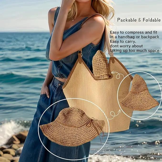 Womens Straw Beach Sun Hats, Foldable Packable Floppy Handmade Crochet Hats for Women,Large Summer Vacation Wide Brim Hat by GreenHaven Gardens