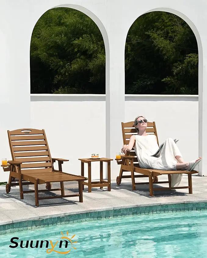 Lounge Chair Outdoor, Chaise Lounge, HDPE 6-Position Outdoor Chaise Lounge, Patio Lounge Chair with Wheels & Cup Holder for Pool Poolside Deck Backyard, Teak by GreenHaven Gardens