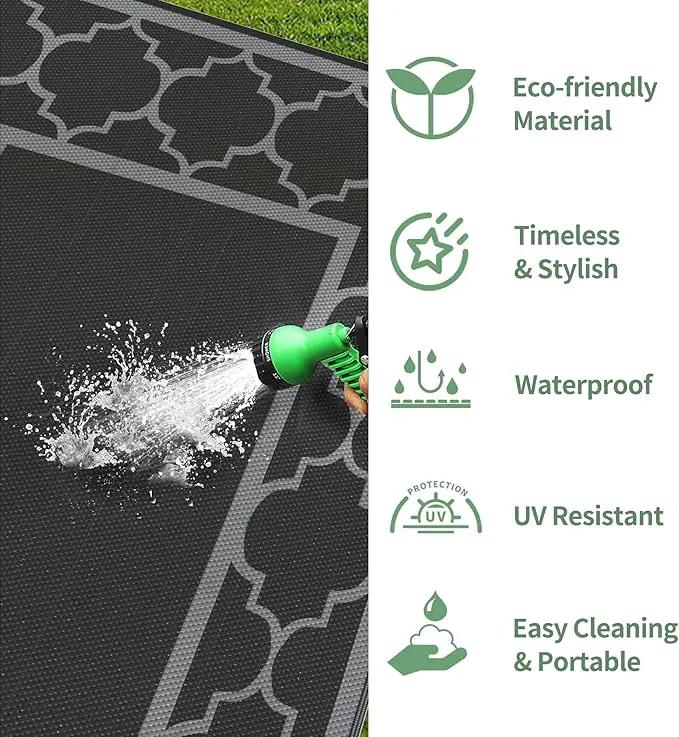 GENIMO 5' x 8' Outdoor Rug Waterproof for Patio Decor, Foldable Reversible Plastic Straw Area Rugs Mat for Camper, Outside Carpet for Rv, Deck, Porch, Picnic, Beach, Balcony, Black & Grey by GreenHaven Gardens