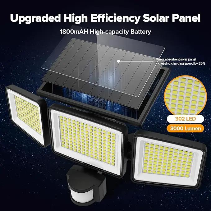UME Solar Outdoor Lights 302 LED 3000LM, IP65 Waterproof Motion Sensor Outdoor Lights, 3 Heads Solar Security Flood Lights 270 Wide Lighting Angle with 3 Modes for Garden Patio Yard - 2 Pack by GreenHaven Gardens