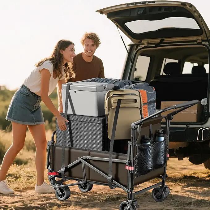 LEVELEVE Heavy Duty Folding Wagon - 2-in-1 Collapsible Cart, 400lb Capacity, All-Terrain Wheels w/Brakes & Side Pockets (Brown) by GreenHaven Gardens