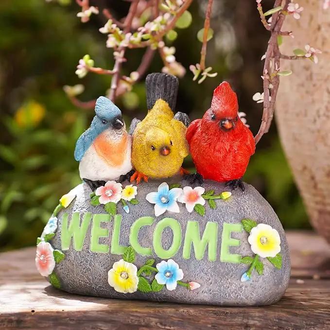 Solar Birds Welcome Sign - Outdoor Bird Decor with Solar LED Lights - Elegant and Charming Figurines for Women, Moms & Garden Enthusiasts by GreenHaven Gardens
