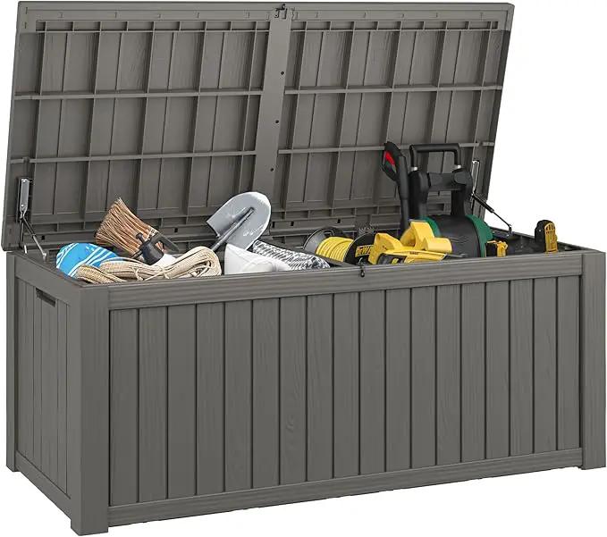 NUNU LAB 180 Gallon Outdoor Storage Box,Large Resin Sturdy Deck Box, Backyard Outside Storage Box Waterproof with Double Wall Panels,Package Delivery Garden Hose Storage Bin Outdoor Tool,Grey by GreenHaven Gardens