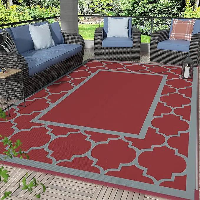 GENIMO 6' x 9' Outdoor Rug Waterproof for Patio Decor, Foldable Reversible Plastic Straw Area Rugs Mat for Camper, Outside Carpet for Rv, Deck, Porch, Picnic, Beach, Balcony, Red & Grey by GreenHaven Gardens