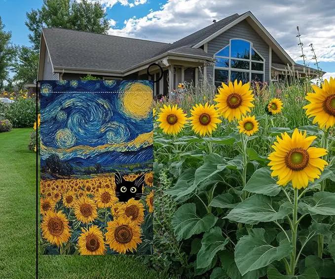 BLKWHT Summer Sunflower Cat Garden Flag 12x18 Vertical Double Sided Blue Sky Welcome Farmhouse Holiday Outside Decorations Burlap Yard Flag BW822 by GreenHaven Gardens