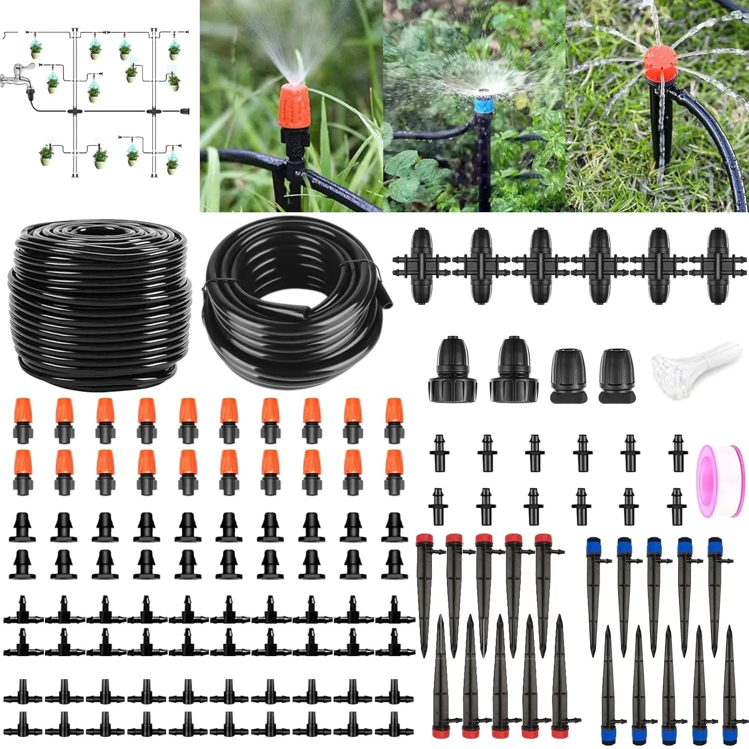 200FT+40FT Drip Irrigation System, Garden Watering System with 8/11mm Main Tubing 4/7mm Distribution Irrigation Tubing and Accessories, Irrigation System for Garden, Greenhouse, Yard, Lawn, Plant by GreenHaven Gardens