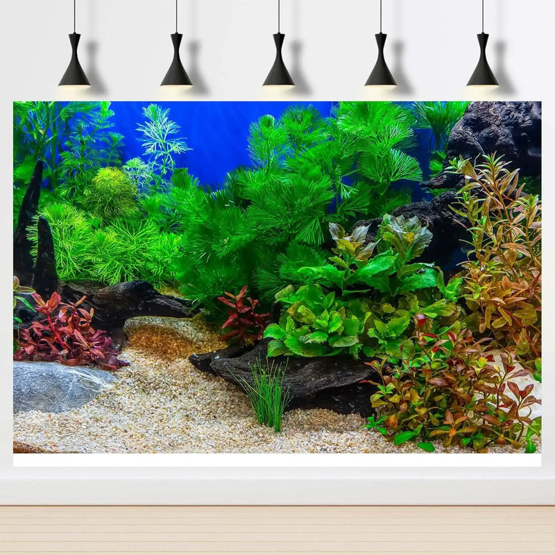 Aquarium Background Underwater Grass Leaves with Pebble Aquarium Backdrop Vivid and Fresh Green Aquatic Plant Stone River Bed and Lake Fish Deadwood Tank Background Decor Vinyl 24x12in by GreenHaven Gardens