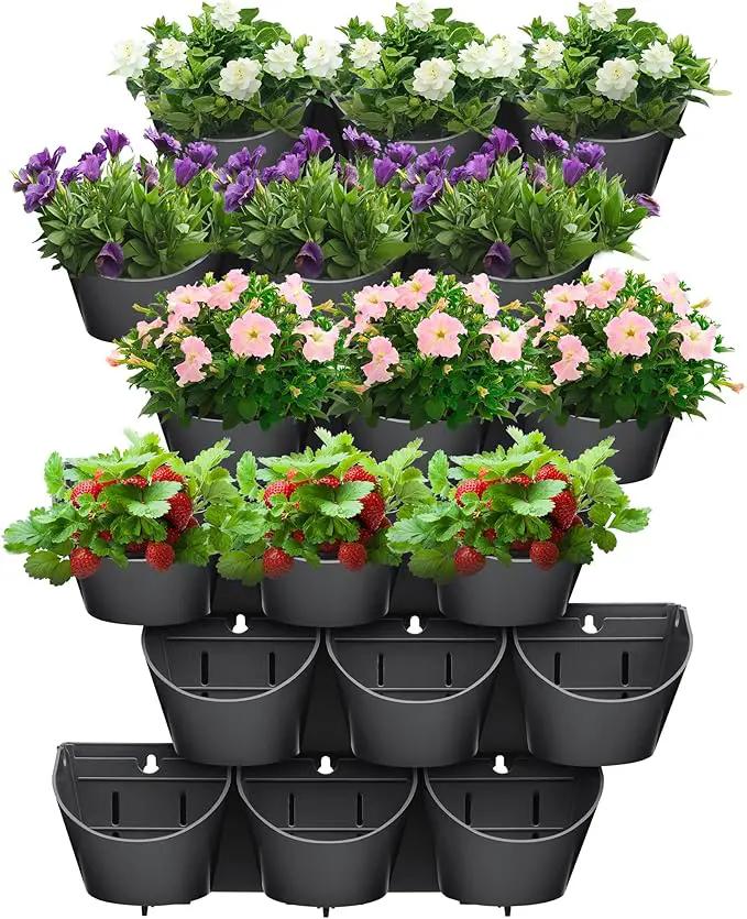 Worth Garden Upgraded 6 Sets (18 Pockets) Self Watering Stackable Vertical Planters - Wall Mounted Plastic Plant Grow Pots fr Strawberries Flowers Herbs - Indoor Outdoor Green Wall Decoration (Black) by GreenHaven Gardens