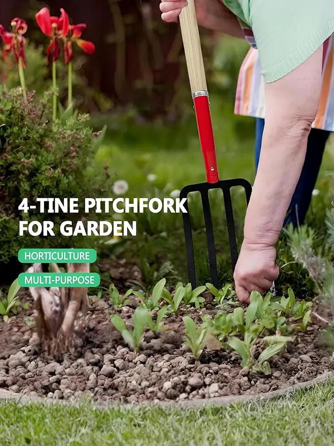 Heavy Duty Garden Fork for Digging, 4 Tines Pitch Fork for Gardening Compost, Garden Pitch Fork with Wooden Handle, 45 Inches-Red by GreenHaven Gardens