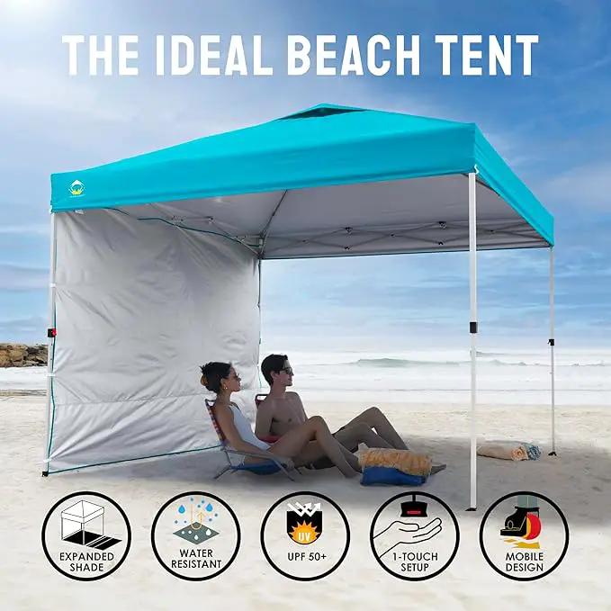 CROWN SHADES 10x10 Pop Up Canopy with 1 Side Wall - Beach Tent with One Push Setup - Outdoor Sun Shade for Events, Parties, Camping - Gazebo with STO-N-Go Cover Bag (Cyan Blue) by GreenHaven Gardens