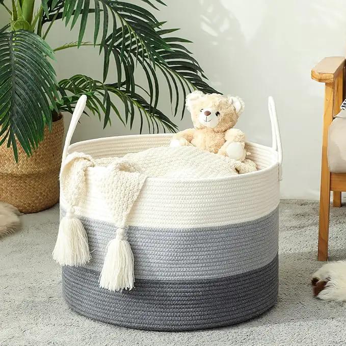 KAKAMAY Large Blanket Basket (20"x13"),Woven Baskets for storage Baby Laundry Hamper,Cotton Rope Blanket Basket for Living Room, Laundry, Nursery, Pillows, Baby Toy chest with Handles (White/Grey) by GreenHaven Gardens