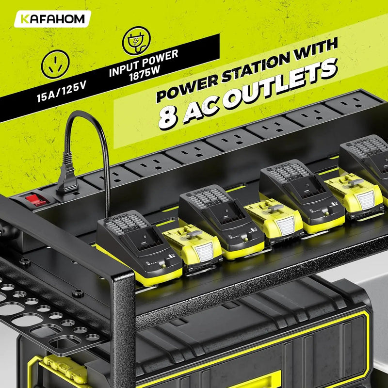 KAFAHOM Power Tool Organizer with Charging Station. 8 Drill Holder 3 Layers Tool Storage Shelf Wall Mount Built in 8 Outlet Power Strip.Tool Battery Holder with Screwdriver/Hammer by GreenHaven Gardens