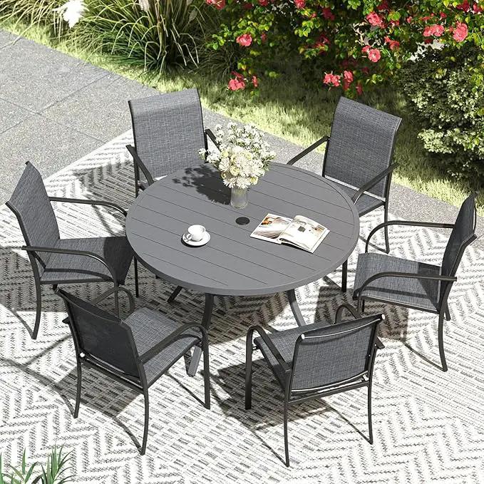 VICLLAX Patio Dining Set for 6, Outdoor Furniture Set Includes 47.2" Round Patio Table and 6 Patio Sling Chairs, Grey Tabletop and Grey Fabric by GreenHaven Gardens