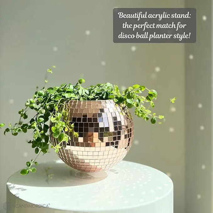 SCANDINORDICA Disco Ball Planter – Value Package: Mirror Disco Planter with Chain, Macrame Hanger and Acrylic Stand for Desk, Includes Self Watering Insert, Plant Gifts | 8 inch Rose Gold by GreenHaven Gardens