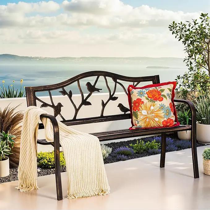 PHI VILLA Outdoor Garden Park Bench Patio 50" Metal Bench, Steel Frame Bench with Backrest and Armrests for Porch, Lawn, Balcony, Backyard and Indoor, Bronze by GreenHaven Gardens