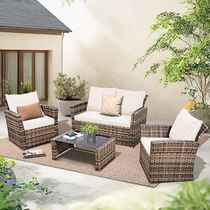4 Piece Outdoor Patio Furniture Set,Wicker Conversation Sets Outdoor Sectional Patio Sofa Couch with Cushions & Coffee Table for Outside, Garden, Balcony, Porch,Yellow/Beige by GreenHaven Gardens