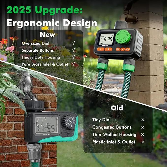 RESTMO RF Remote Controlled Sprinkler Timer with Brass Inlet & Outlet, Water Timer for Garden Hose, Automatic/Manual/Rain Delay for Outdoor Faucet, Drip Irrigation and Lawn Watering, 2 Outlet by GreenHaven Gardens