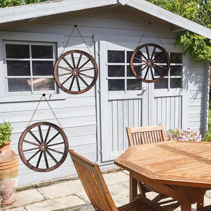 Qunclay 4 Pcs Wooden Wagon Wheel Wall Decor Old Western Wood Boho Wall Art Farmhouse Boho Wagon Wheels Rustic Yard Decor Wood Hanging Decorations for Garden Home Bar Garage (17.7 Inch) by GreenHaven Gardens
