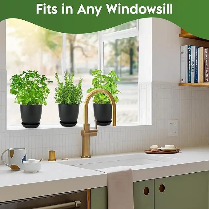 Indoor Garden Kit - Plant Pots with Drainage, Watering Can & Tools - Ideal Windowsill Planter Set - Modern Home & Kitchen Decor Gift - Black by GreenHaven Gardens