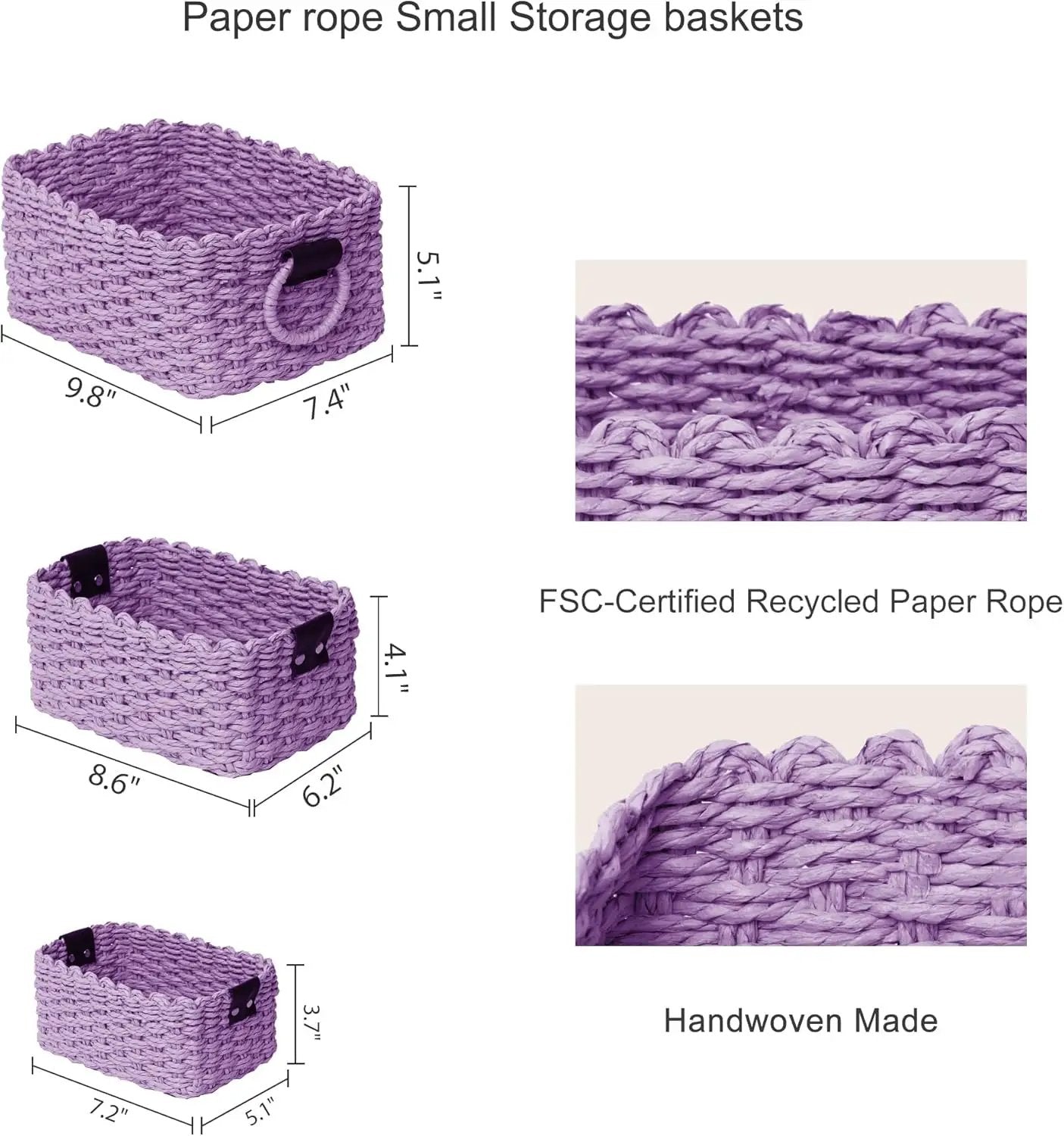Small baskets for Organizing,Cute woven Storage basket with recycled paper rope for Shelves Bathroom,Little decorative basket,Set of 3 (Purple) by GreenHaven Gardens