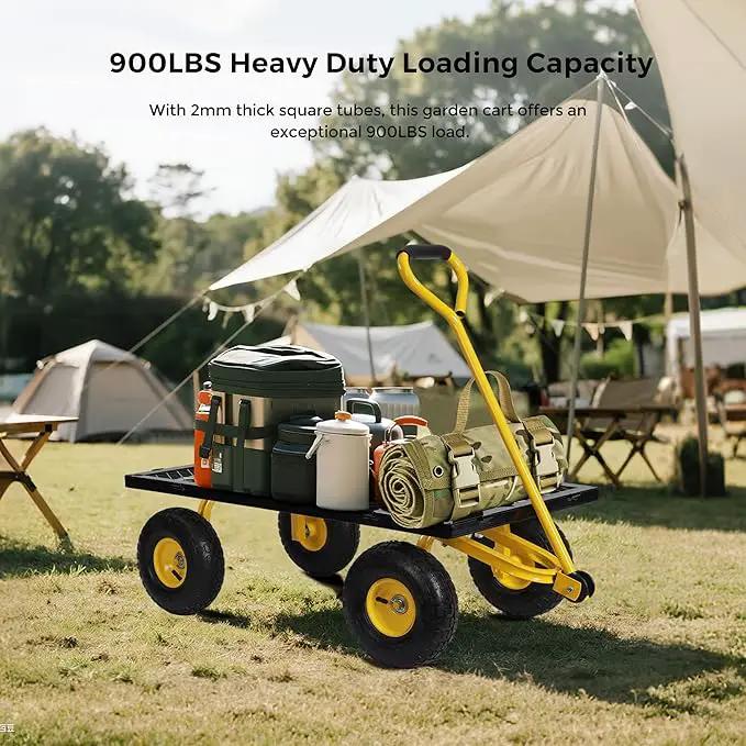 SUNNYFEEL 900 Lbs Capacity Heavy Duty Mesh Steel Garden Cart, Folding Utility Wagon with Removable Sides,10 Inch Flat Free Tires, Black & Yellow by GreenHaven Gardens