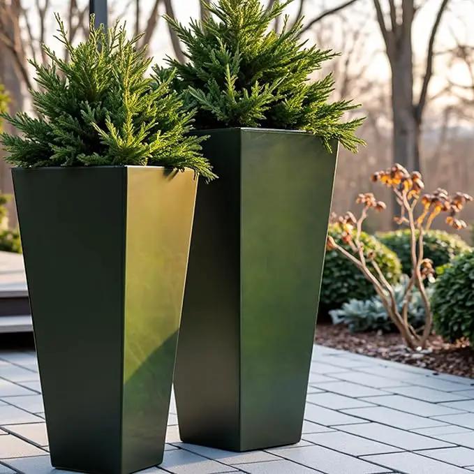 WORTH Garden Large Metal Glazed Planter Set of 2 (25" + 28"), Luxurious Glossy Finish Green Tall Square Tapered Steel Plant Pot, Decor Flower Pot Indoor & Outdoor, Drainage Hole & Dual-Purpose Saucer by GreenHaven Gardens