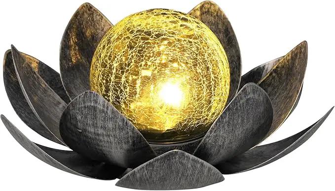 GIGALUMI Solar Light Outdoor Garden Decor, Lotus Flower Light Crackle Globe Glass Lantern Outdoor Table Decor Waterproof for Patio, Lawn, Pathway, Pool, Pond (Grey Petal) by GreenHaven Gardens