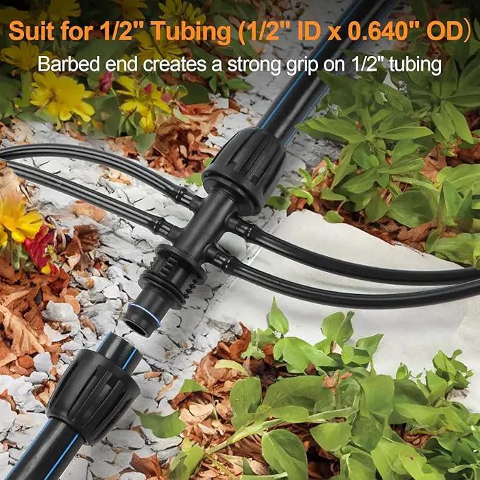 12 Pcs 1/2 inch to 1/4 inch Drip Irrigation Tubing Fittings, 1/2" Drip Tubing (1/2" ID x 0.65" OD) to 4 Way 1/4" Irrigation Tubing Locked Barbed Reducing Tee Connectors for Garden Systems by GreenHaven Gardens