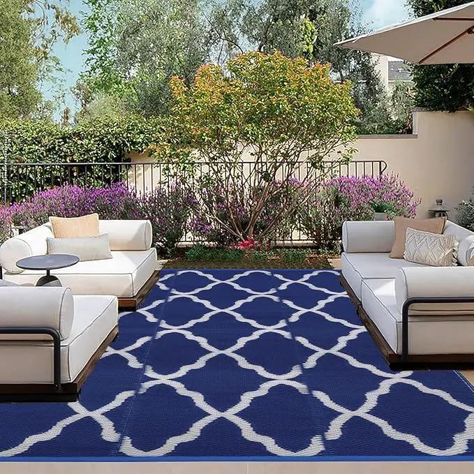 OutdoorLines Outdoor Plastic Area Rugs for Patio 5x8 ft - Reversible Outside Carpet, Stain & UV Resistant RV Mats, Straw Rug for Camping, Deck Garden, Porch and Balcony, Moroccan Navy & Light Grey by GreenHaven Gardens