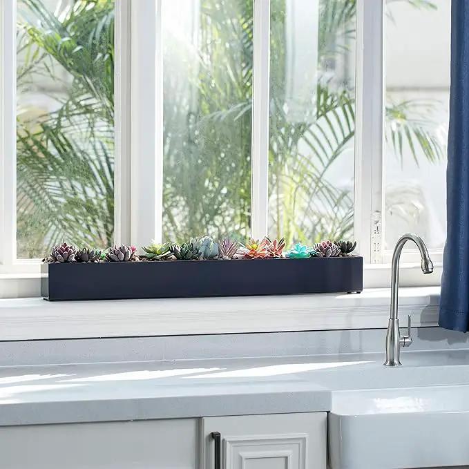DR&Co Modern Grey Rectangle Planter Box, 16" Metal Planter Perfect for Succulent, Narrow Box for Table or Window Sill, Rectangular Stainless Steel Long by GreenHaven Gardens