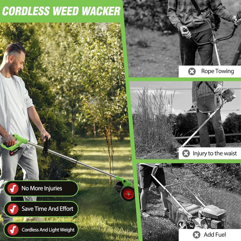 ALSO GO 21V Electric Weed Wacker, Weed Trimmer, Battery Powered Grass Trimmer with 2pcs Batteries, 3 in 1 Cordless Weed Eater with Wheels, Stringless Lightweight Grass Cutter for Lawn Garden Yard by GreenHaven Gardens